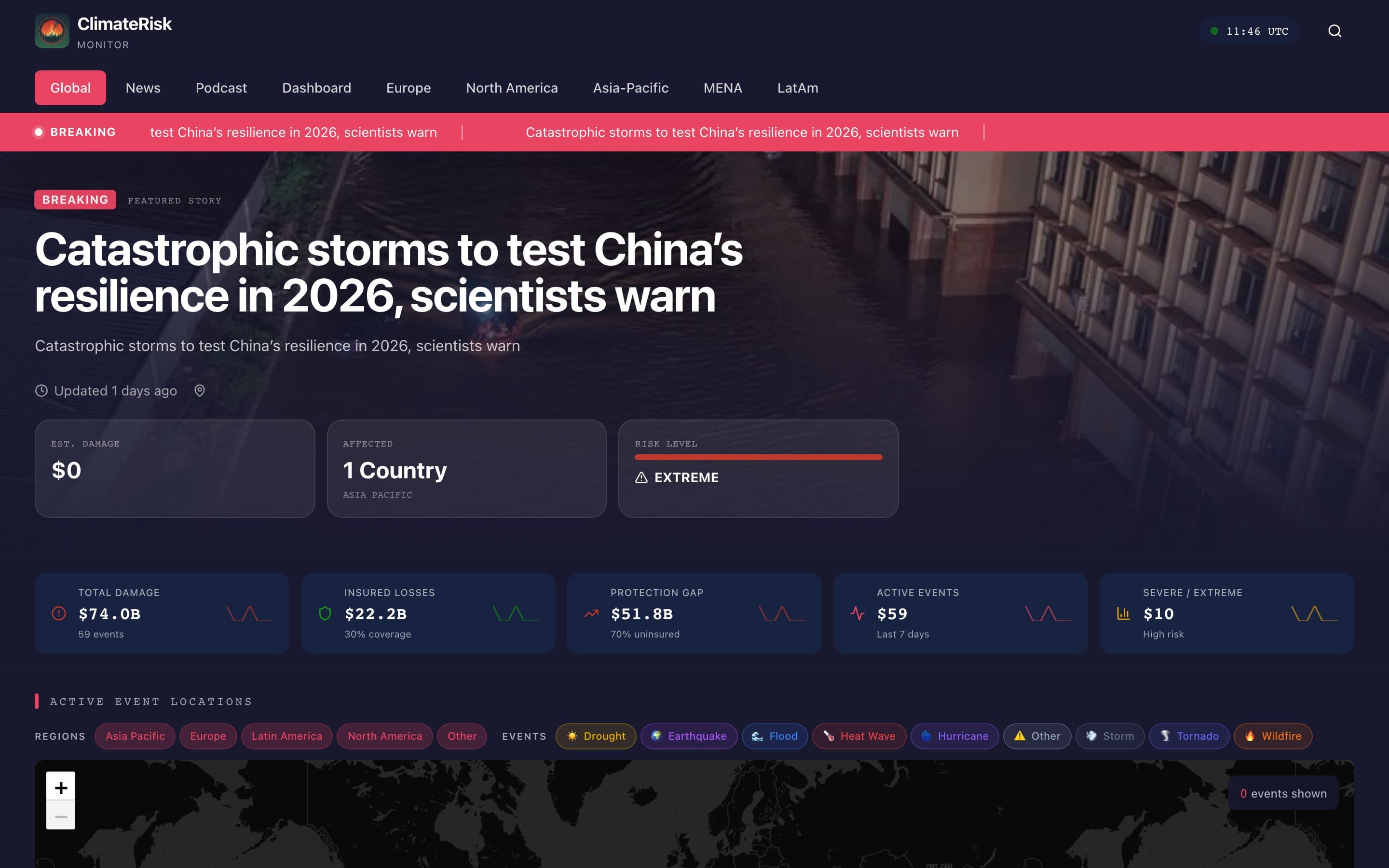 ClimateRisk Monitor dashboard with breaking catastrophe story and risk metrics