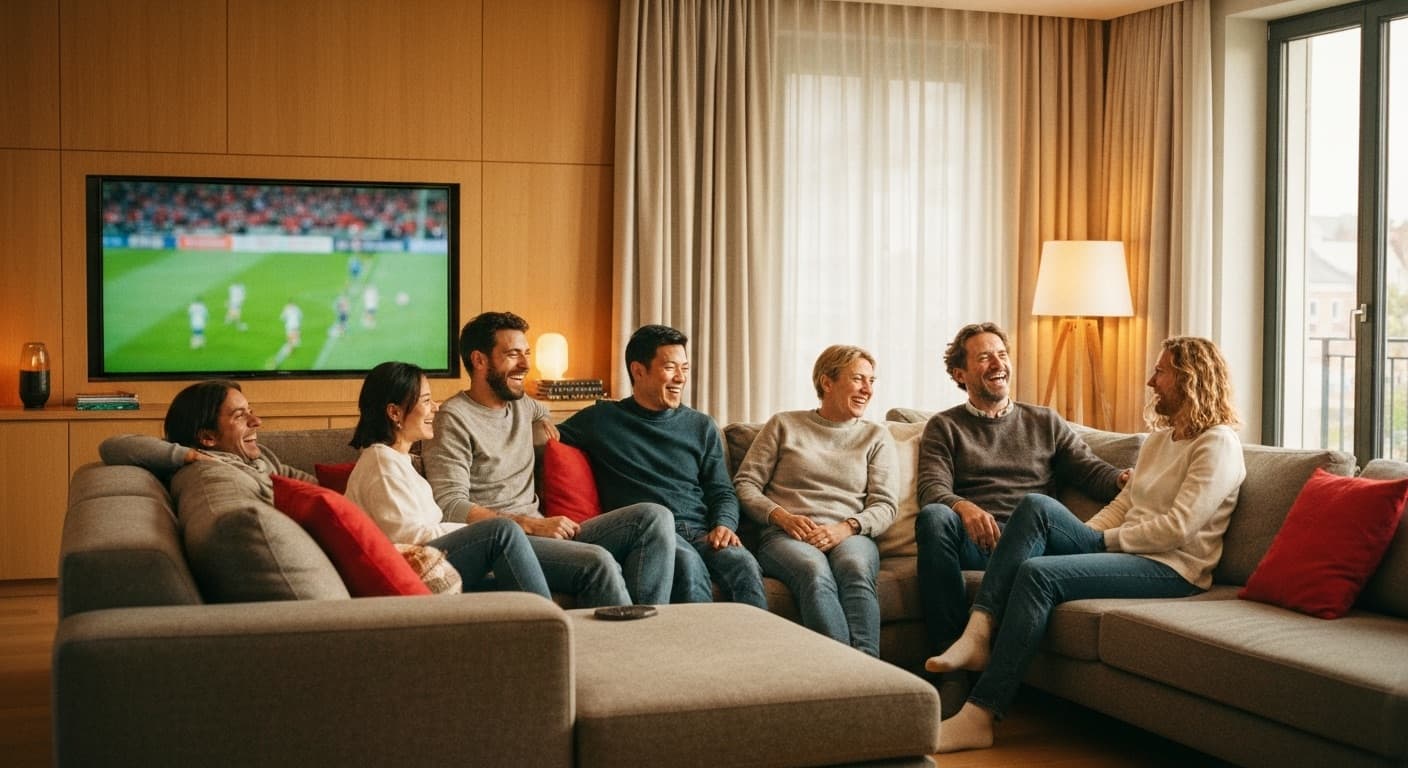 Freunde schauen gemeinsam Fussball im Wohnzimmer
