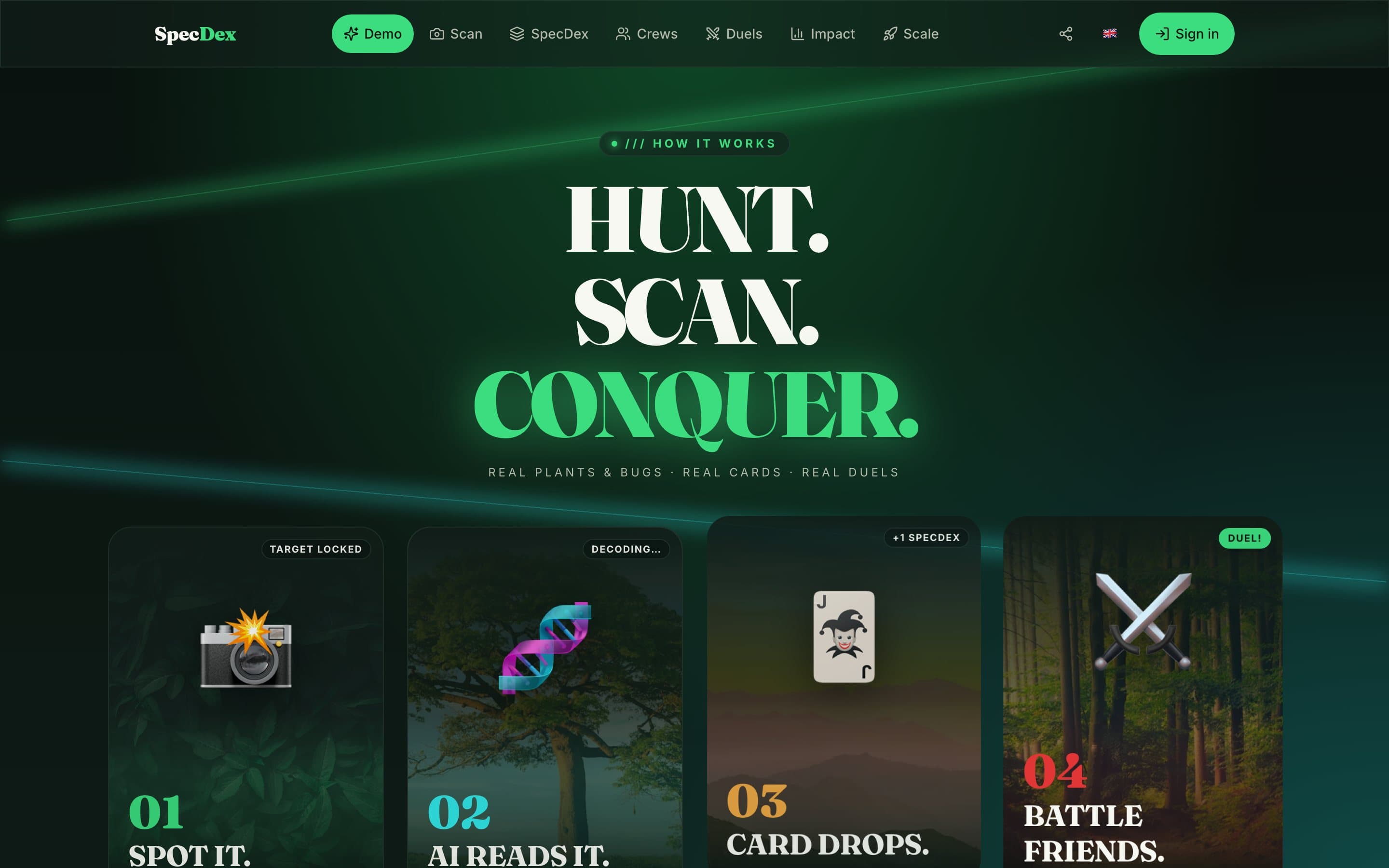 SpecDex Biodiversitäts-Spiel — jagen, scannen, erobern