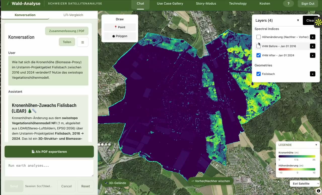Satellite forest-analysis map with canopy-height layer