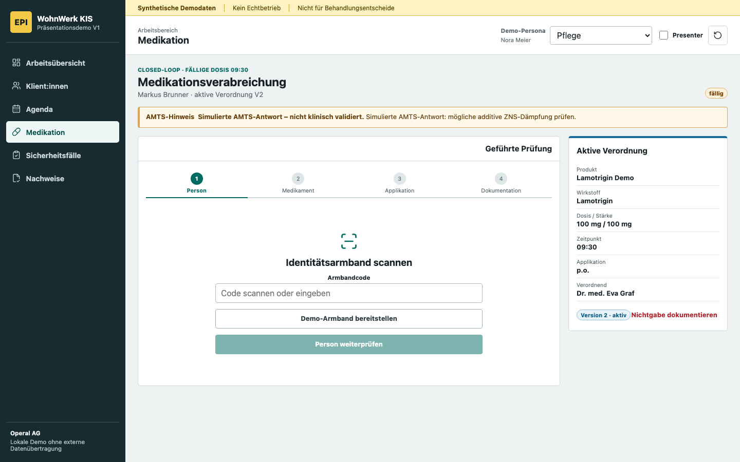 Synthetic closed-loop medication workflow with identity, medication, administration and documentation steps