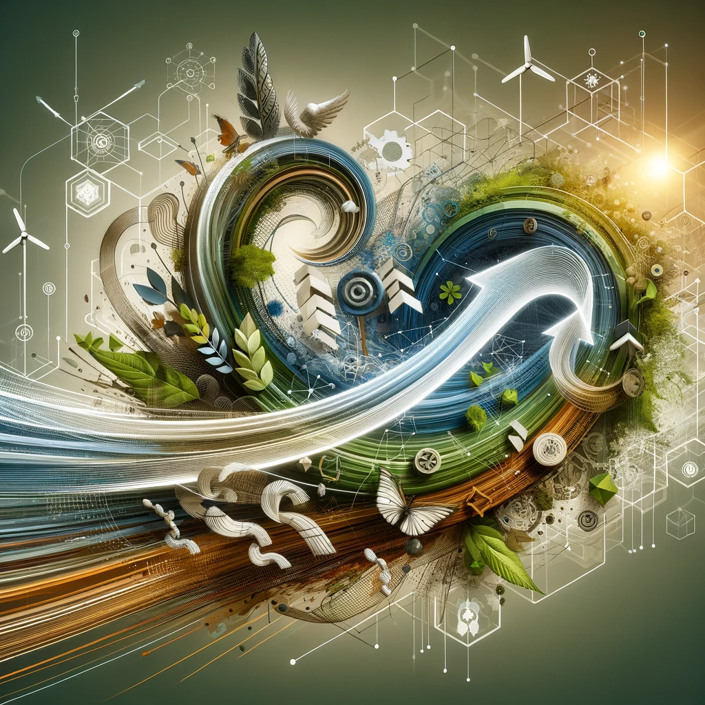 A conceptual digital image blending the themes of Agile Transformation and Sustainable Innovation. It features dynamic, fluid elements like arrows and waves, representing adaptability, and robust networks signifying resilience. Symbols of sustainability, including green foliage and renewable energy icons like wind turbines and solar panels, are interwoven, set against a background of earthy textures.